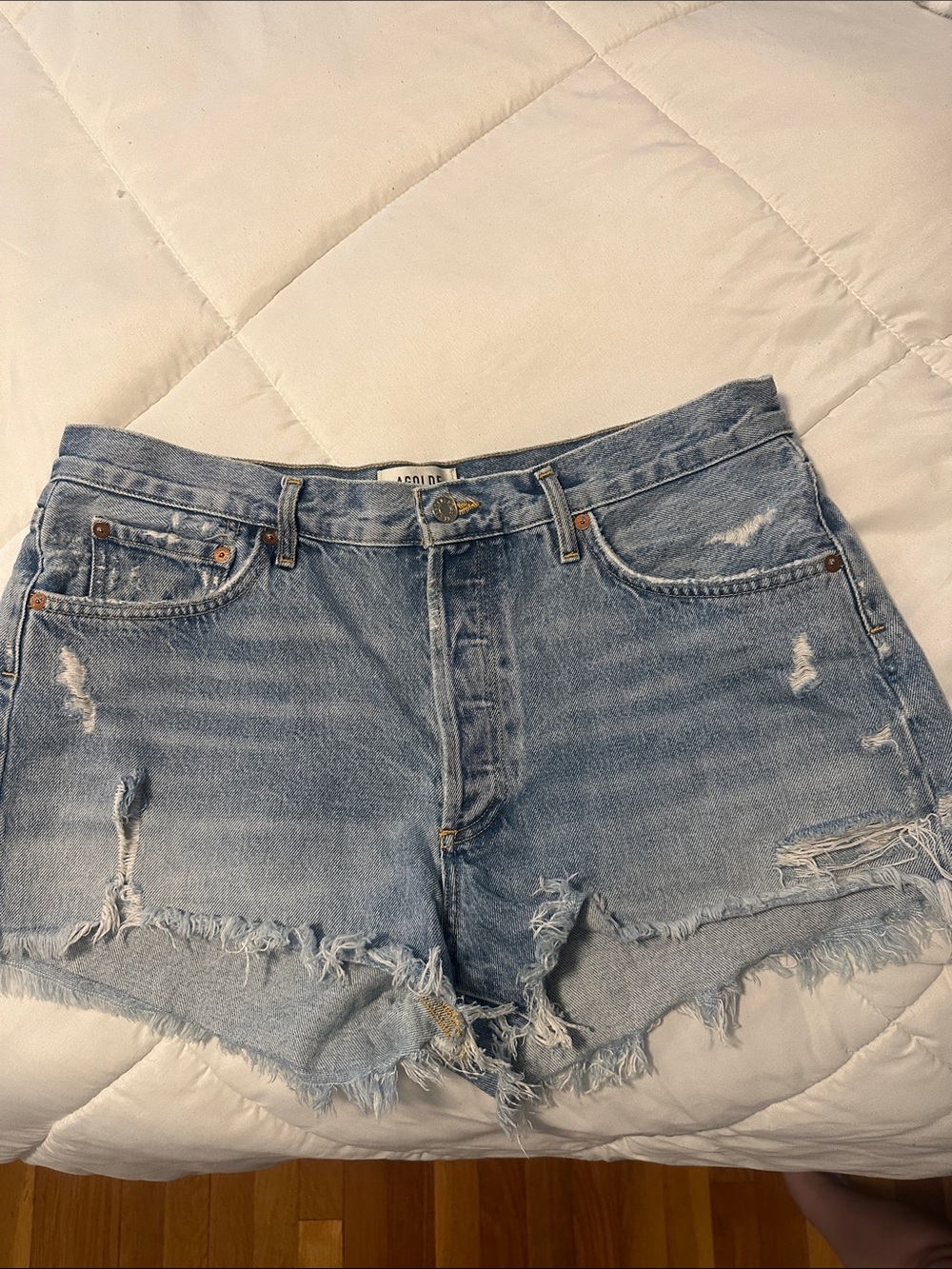 Agolde Light Blue Distressed Denim Shorts